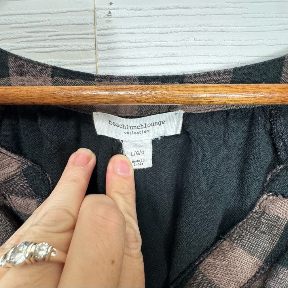 Beachlunchlounge Black and Tan Gingham Plaid Blouse Cotton Large - Picture 6 of 8